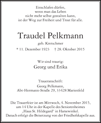 Traueranzeige von Traudel Pelkmann von Die Glocke