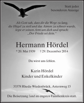 Traueranzeige von Hermann Hördel von Die Glocke