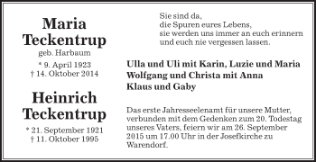 Traueranzeige von Maria und Heinrich Teckentrup von Die Glocke