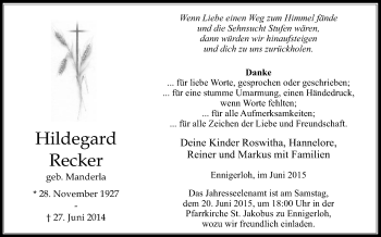 Traueranzeige von Hildegard Recker von Die Glocke