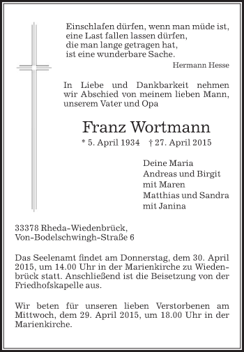 Traueranzeige von Franz Wortmann von Die Glocke