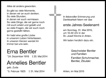 Traueranzeige von Erna und Annelies Bentler von Die Glocke