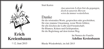 Traueranzeige von Adeline Kreienbaum von Die Glocke