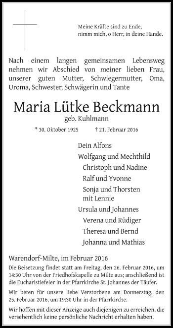 Traueranzeige von Maria Lütke Beckmann von Die Glocke