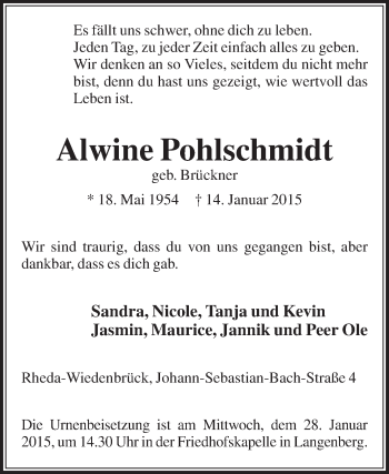 Traueranzeige von Alwine Pohlschmidt von Die Glocke