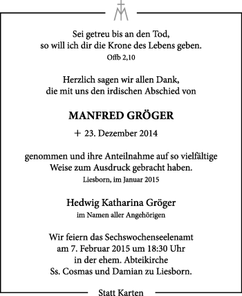 Traueranzeige von Manfred Gröger von Die Glocke