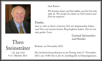 Traueranzeige von Theo Steinsträter von Die Glocke