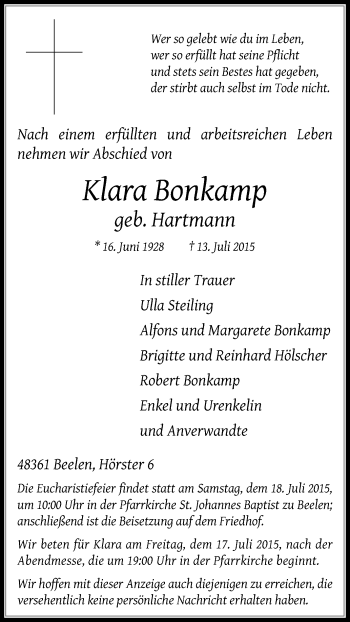 Traueranzeige von Klara Bonkamp von Die Glocke