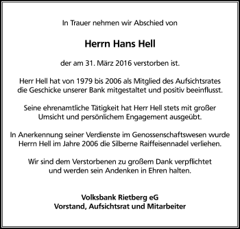 Traueranzeige von Hans Hell von Die Glocke