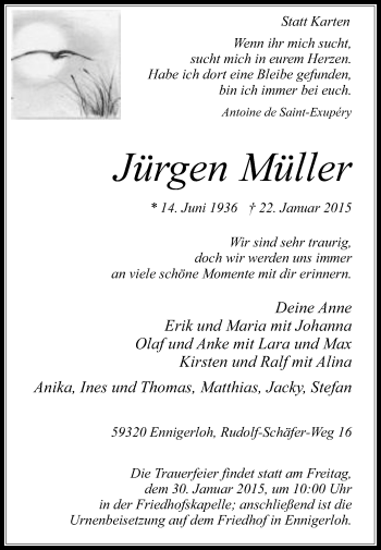 Traueranzeige von Jürgen Müller von Die Glocke