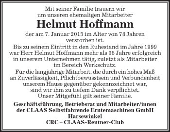 Traueranzeige von Helmut Hoffmann von Die Glocke
