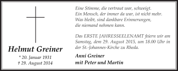 Traueranzeige von Helmut Greiner von Die Glocke