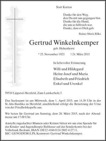 Traueranzeige von Gertrud Winkelnkemper von Die Glocke