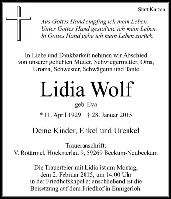 Traueranzeige von Lidia Wolf von Die Glocke
