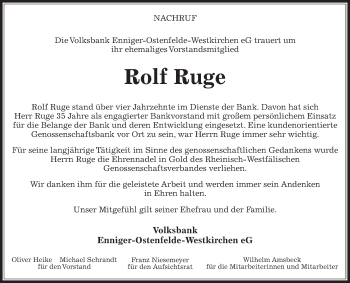 Traueranzeige von Rolf Ruge von Die Glocke