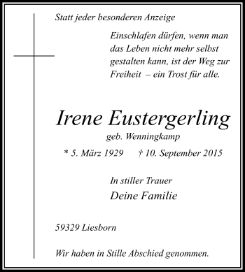 Traueranzeige von Irene Eustergerling von Die Glocke