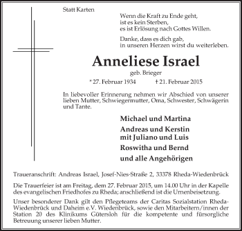 Traueranzeige von Anneliese Israel von Die Glocke