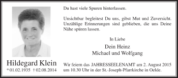 Traueranzeige von Hildegard Klein von Die Glocke