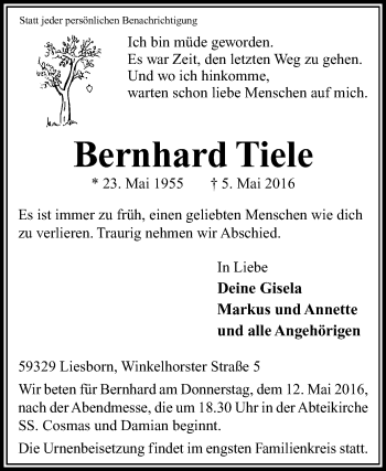 Traueranzeige von Bernhard Tiele von Die Glocke