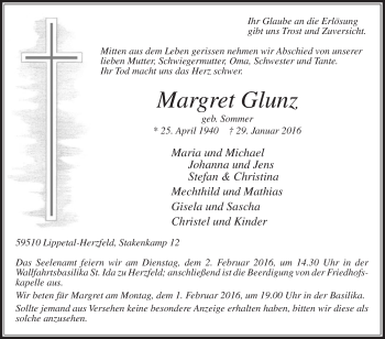 Traueranzeige von Margret Glunz von Die Glocke