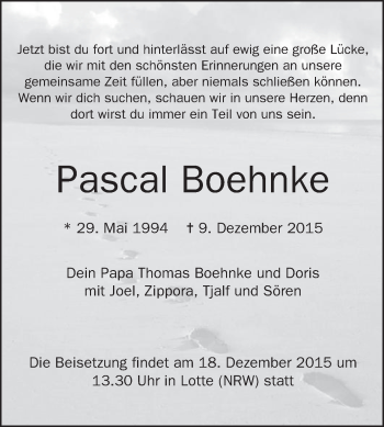 Traueranzeige von Pascal Boehnke von Die Glocke