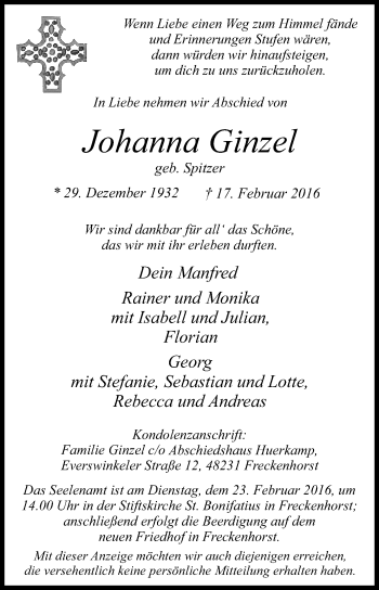 Traueranzeige von Johanna Ginzel von Die Glocke