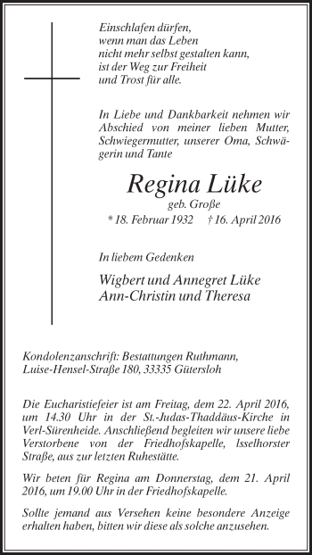 Traueranzeige von Regina Lüke von Die Glocke