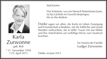 Traueranzeige von Karla Zurwonne von Die Glocke