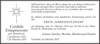 Traueranzeige von Cordula Tönspeterotto von Die Glocke
