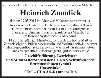 Traueranzeige von Heinrich Zumdiek von Die Glocke