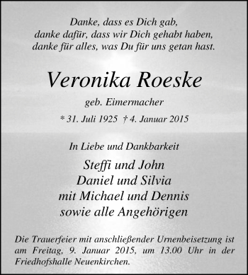 Traueranzeige von Veronika Roeske von Die Glocke