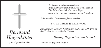 Traueranzeige von Bernhard Hagenkötter von Die Glocke