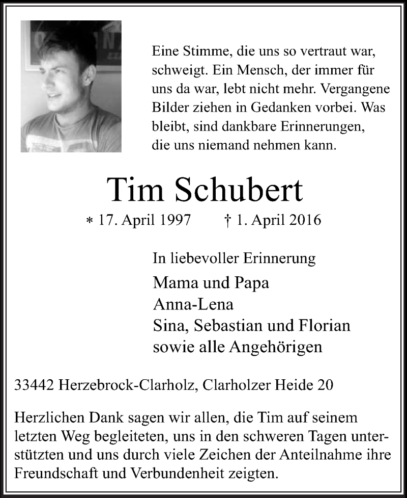  Traueranzeige für Tim Schubert vom 23.04.2016 aus Die Glocke