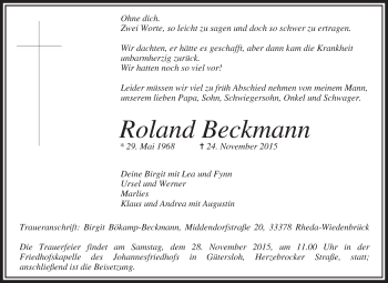 Traueranzeige von Roland Beckmann von Die Glocke