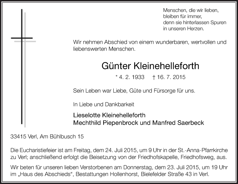  Traueranzeige für Günter Kleinehelleforth vom 20.07.2015 aus Die Glocke