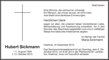 Traueranzeige von Hubert Sickmann von Die Glocke