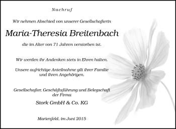 Traueranzeige von Maria-Theresia Breitenbach von Die Glocke