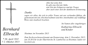 Traueranzeige von Bernhard Elbracht von Die Glocke