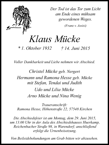 Traueranzeige von Klaus Mücke von Die Glocke