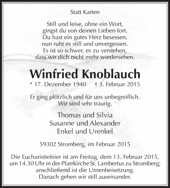 Traueranzeige von Winfried Knoblauch von Die Glocke