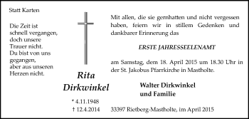 Traueranzeige von Rita Dirkwinkel von Die Glocke