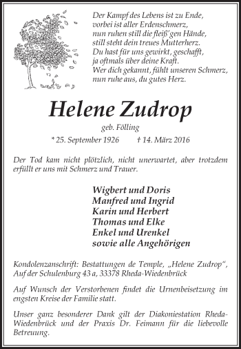 Traueranzeige von Helene Zudrop von Die Glocke