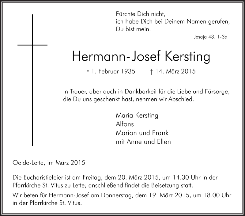 Traueranzeige für Hermann-Josef Kersting vom 17.03.2015 aus Die Glocke