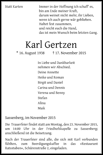 Traueranzeige von Karl Gertzen von Die Glocke