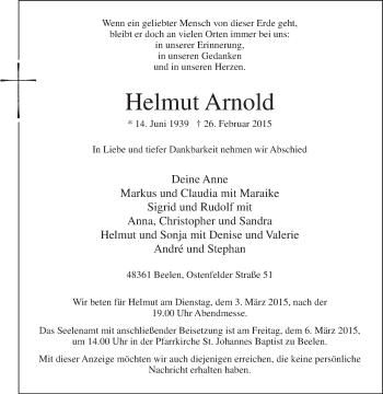 Traueranzeige von Helmut Arnold von Die Glocke