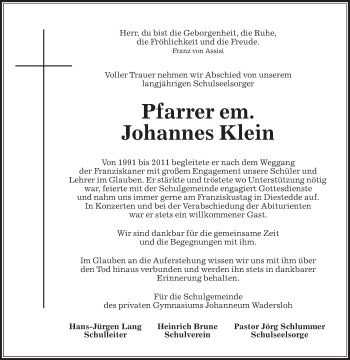 Traueranzeige von Johannes Klein von Die Glocke