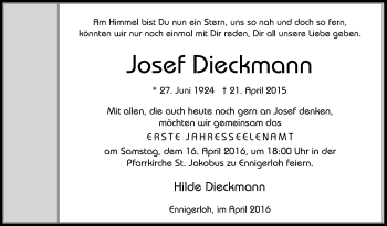 Traueranzeige von Josef Dieckmann von Die Glocke