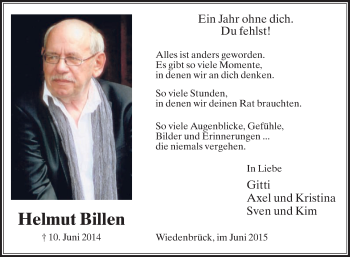 Traueranzeige von Helmut Billen von Die Glocke