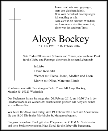 Traueranzeige von Aloys Bockey von Die Glocke