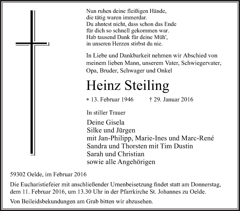  Traueranzeige für Heinz Steiling vom 06.02.2016 aus Die Glocke